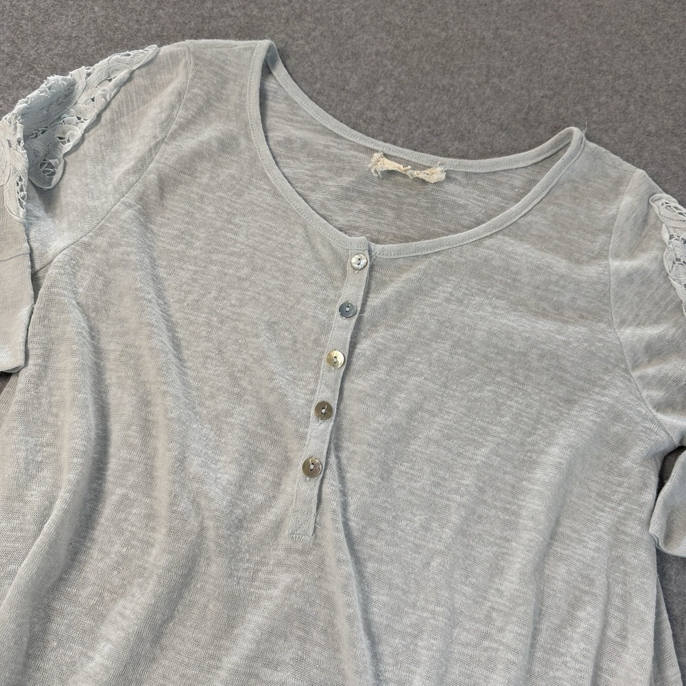 A'Reve‎ Medium Boho Tunic Top Light Blue Lace Shoulder Flowy Gauze 3/4 Sleeves